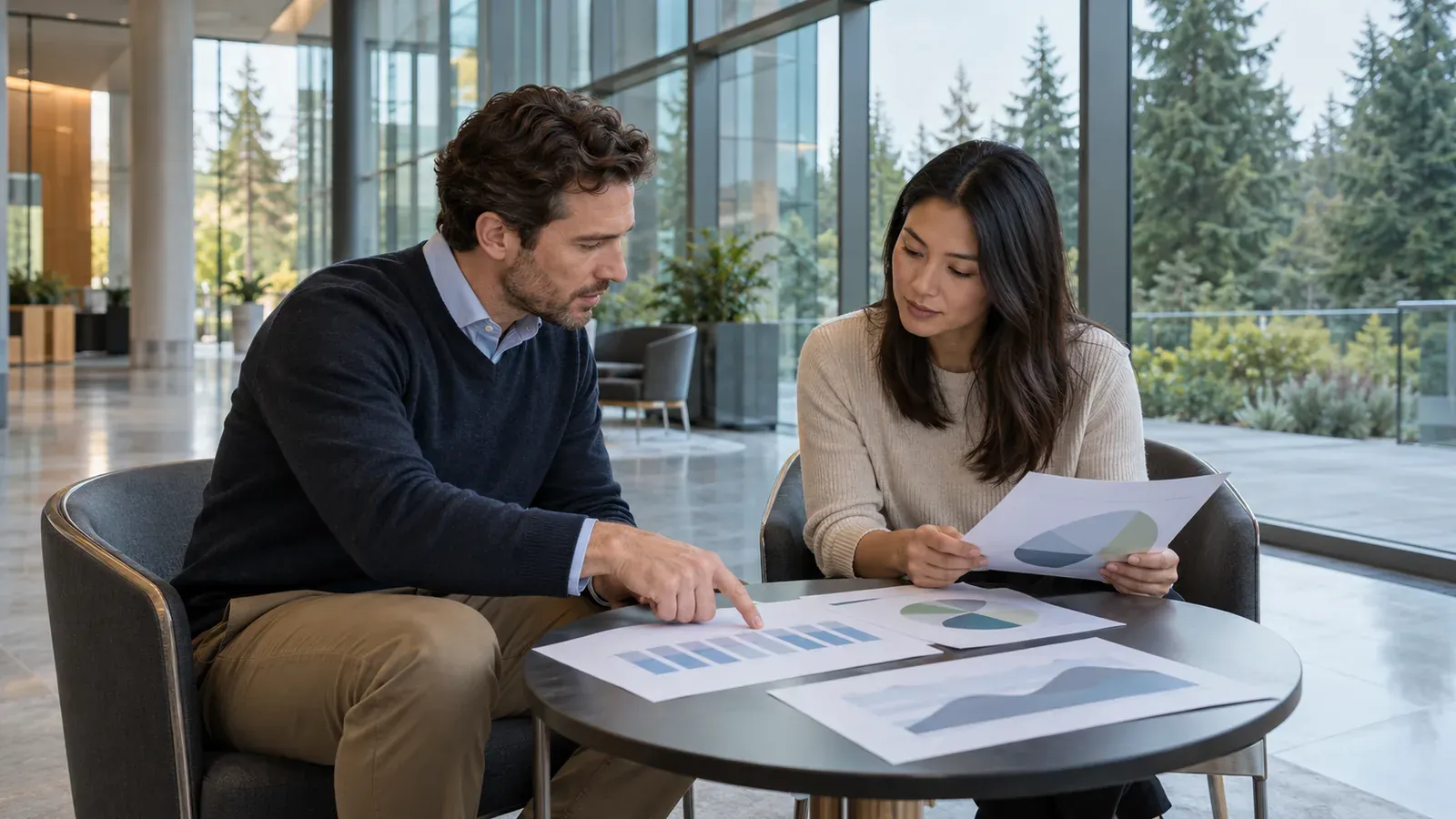Two professionals talking over printed documents at a table in the lobby of a glass office building in downtown Bellevue, trees outside
