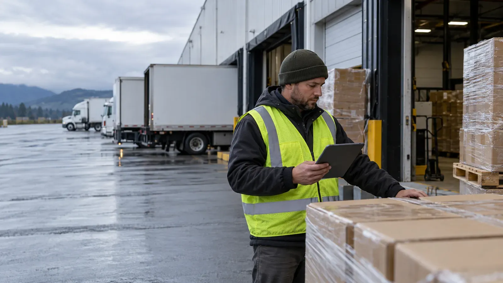 Warehouse supervisor with a tablet checking pallets at a loading dock in the Kent Valley, trucks backed to the doors, overcast sky