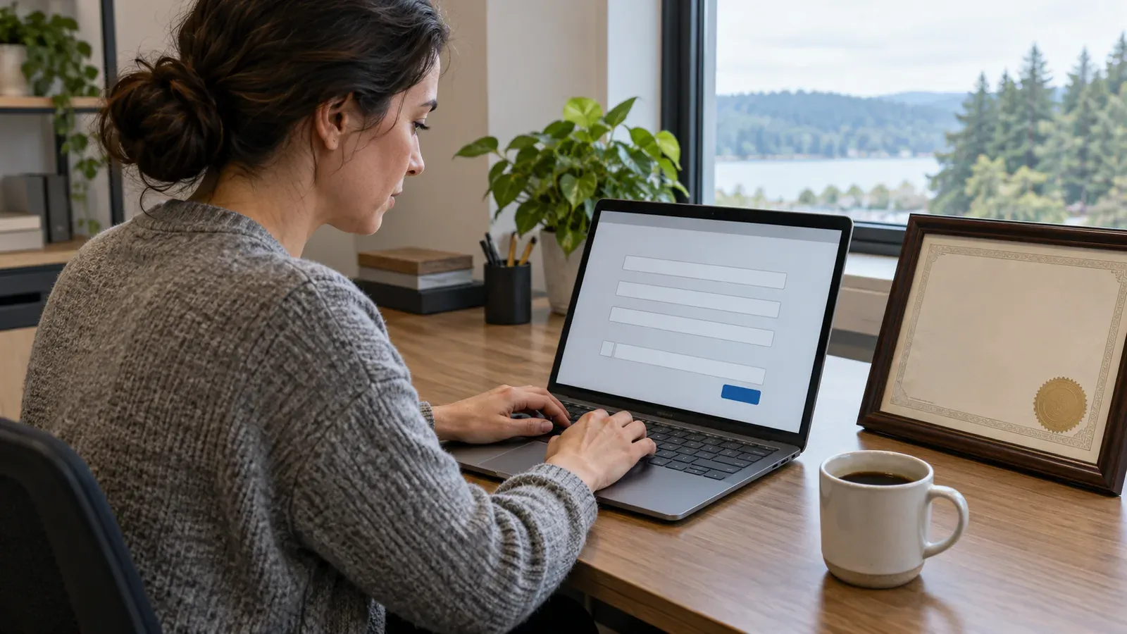 Office manager at a small Seattle company completing an online city tax form on a laptop, a printed business license certificate on the desk