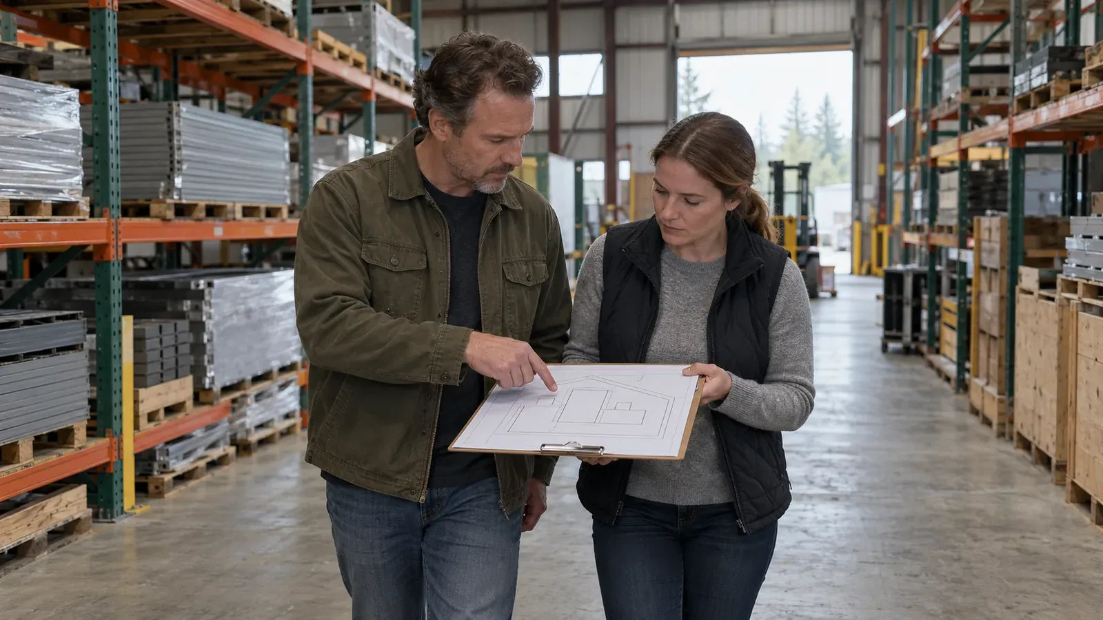 Owner of a small industrial company walking a buyer through a warehouse building the company owns, both looking at a site plan on a clipboard