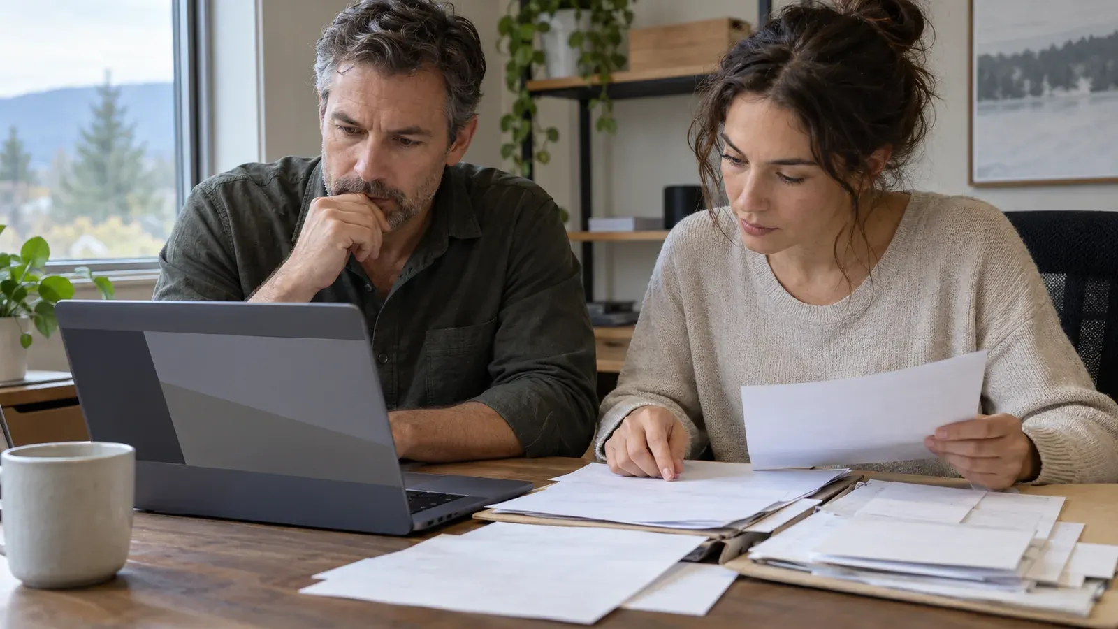 Business owner and bookkeeper reviewing Washington excise tax returns on a laptop beside a folder of receipts at a small office desk